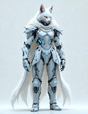 The primary subject of the image is a futuristic robotic character, possibly a cyborg or a robot, wearing a white and grey outfit. The setting is a white background, which provides a clean and minimalist appearance. The visual style is a combination of digital art and illustration, creating a unique and intriguing image. The colors and mood of the image are predominantly white and grey, giving it a sleek and modern feel.